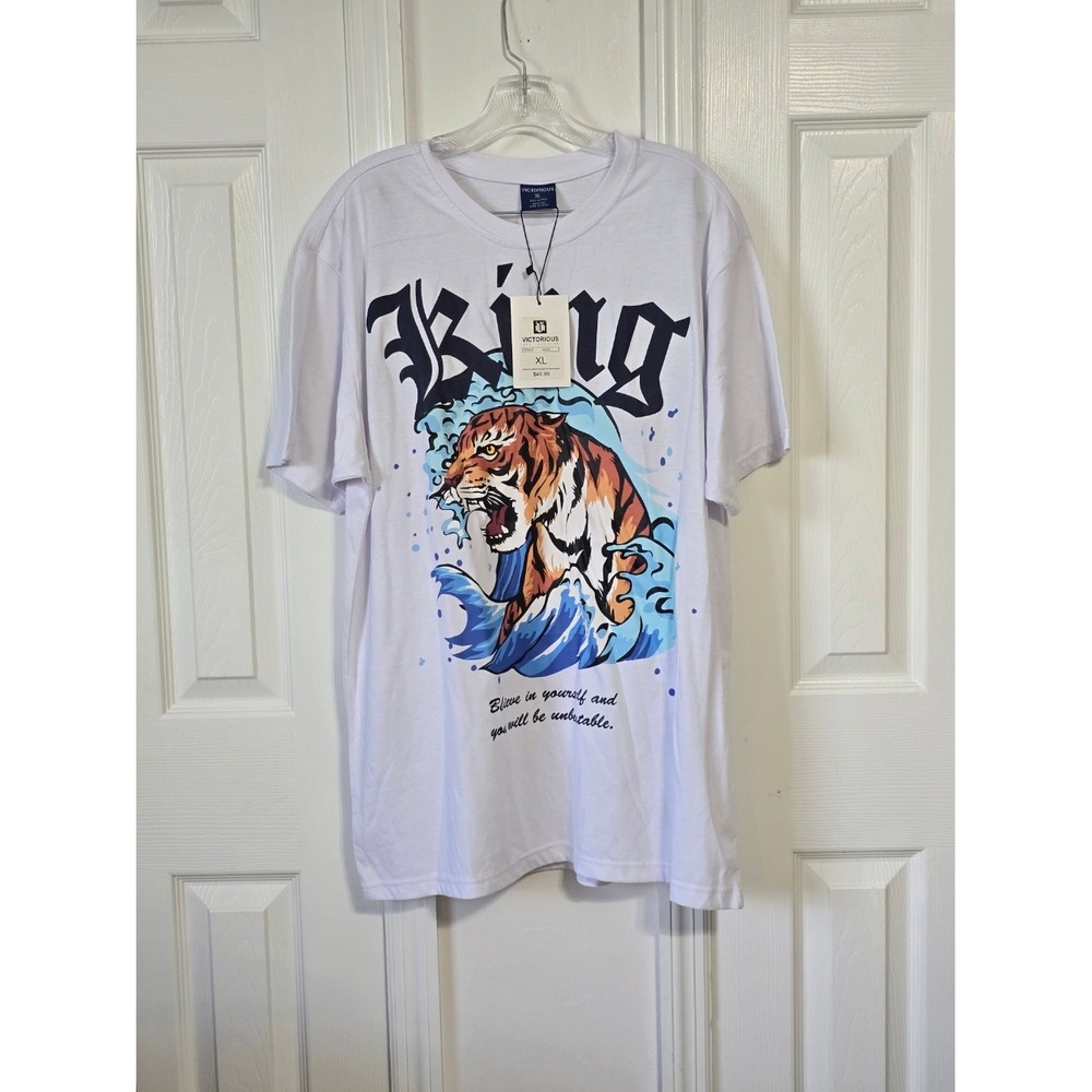 Victorious King Tiger Wave‎ Graphic T Shirt XL White Mens Cotton